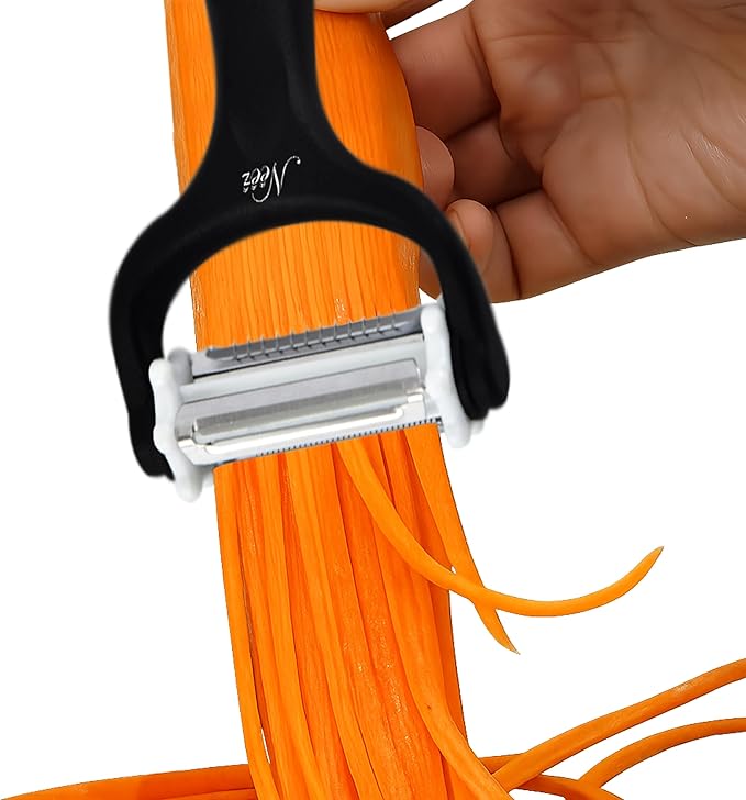 3-in-1 Vegetable Peeler & Julienne Peeler with 360° Rotating Stainless Steel Blades– Multifunction Julienne Cutter, Shredder & Slicer with Soft Handle-Fruits, Potato, Papaya Cucumber & Carrot Peeler