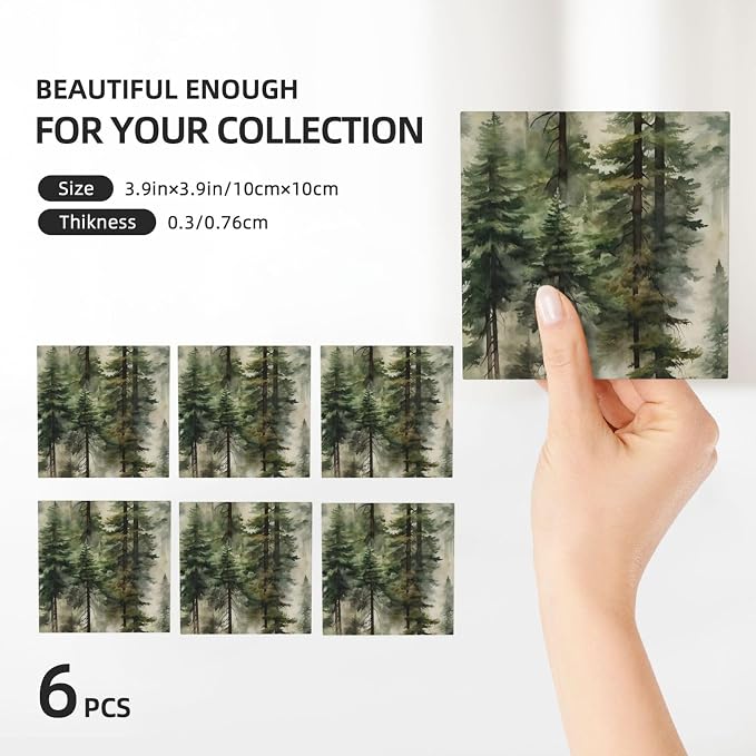 Misty Pine Tree Square Ceramic Coasters Set of 6 Pack, Mountain Green Forest Landscape Foggy Botany Stone Drink Coaster with Cup Holder Anti-Scratc Cork Backing Bar Kitchen Home Housewarming Gift