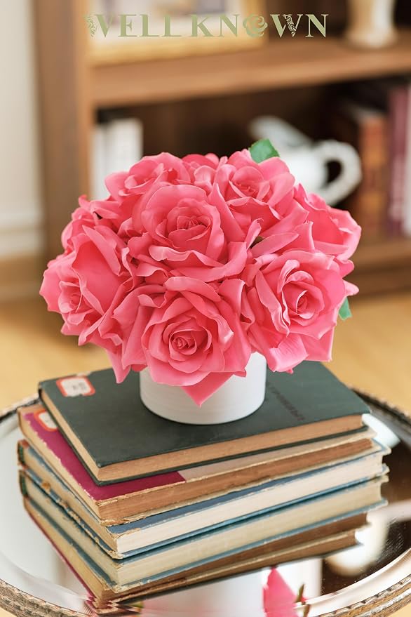 WELL KNOWN Artificial Flowers in Vase, Silk Rose Arrangement Mini Potted Fake Flowers with White Ceramic Vase for Home Wedding Vanity Coffee Table Centerpiece Bathroom Anniversary Decor (Hot Pink)