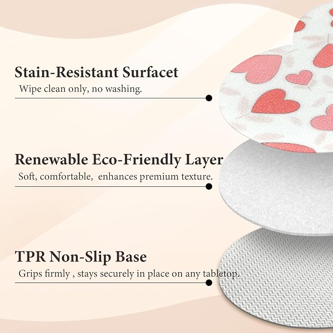 Vinyl Placemats Set of 4-12x17 Inch - Heat Resistant Washable Place Mats Waterproof Non-Slip Wipeable Table Mats for Dining Table Decor, Indoor/Outdoor Plastic Love Mat.