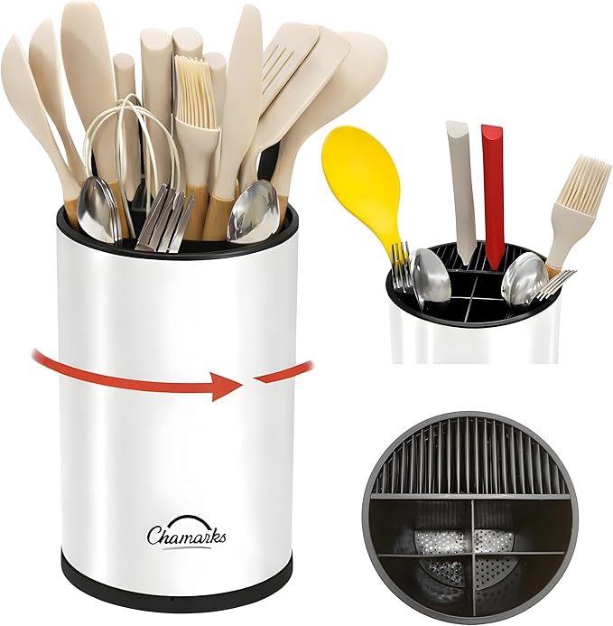 3-in-1 Kitchen Utensil Holder for Countertop with Knife Block and Silverware Caddy. (White)