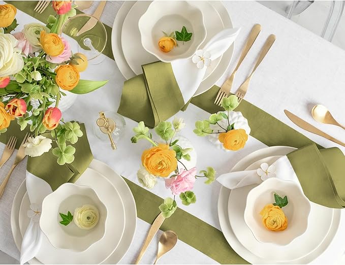 Solino Home 100% Pure Linen Table Runner 14x108 Inch – Avocado & White, Oeko-TEX Certified, Spring & Summer Table Runner for Dining Table, Handcrafted Farmhouse Décor - Contempo