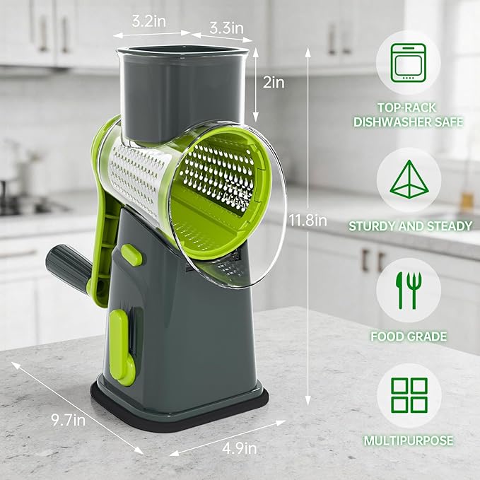 Ourokhome Rotary Cheese Grater Cheese Shredder with 5 Interchangeable Blades, Rotary Grater with Non-slip Suction Base Hand Crank Slicer for Vegetable Nuts Grey