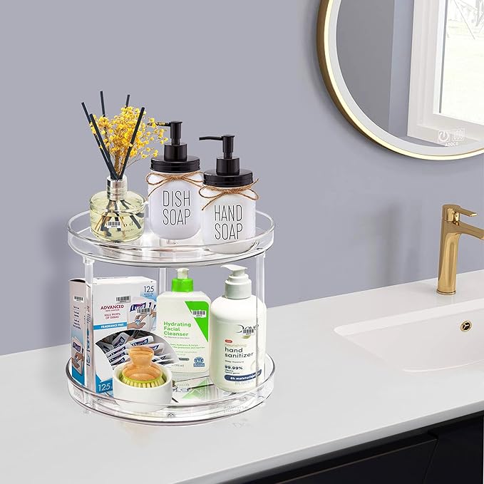 2 Tier Lazy Susan Bathroom Organizer, 9.25Inch Clear 360 Rotating Makeup Organizer for Vanity, Skincare Organizers Perfume Organizer, Spice Rack Organizer for Cabinet- Home Organization and Storage