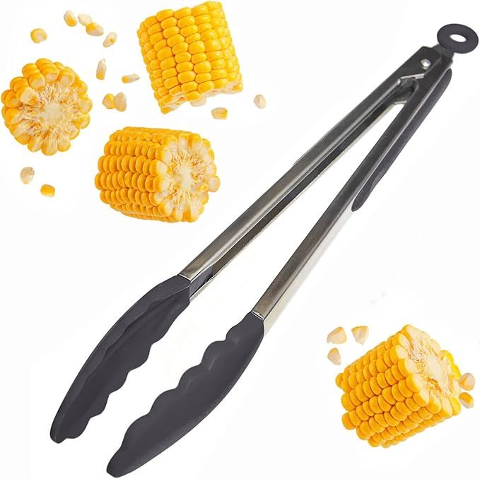 Starpack Get a Grip Silicone Kitchen Tongs (12 Inch) - LFGB Non Toxic, 600°F Heat Resistant, BPA-Free - Heavy-Duty Stainless Steel, Locking - Dishwasher Safe for Nonstick Cookware Gray Black