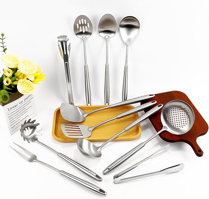 304 Stainless Steel Cooking Utensils Set, 11PCS Stainless Steel Utensils Set, Metal Cooking Utensils Set Include Meat Fork, Tongs, Turner, Soup Ladle, Dishwasher Safe