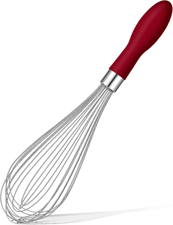 Rainspire 12-Inch Wire Whisk Stainless Steel, Balloon Whisks for Cooking, Wisk Wisking Tool With Soft Silicone Handle, Thick Durable Whisker for Blending, Beating, Whisking, Stirring, Red
