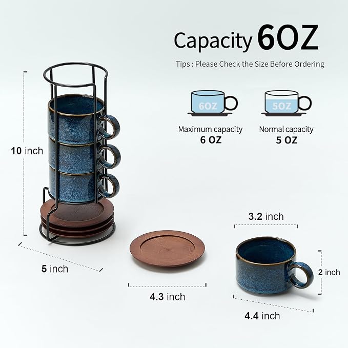 LUKA 6 Ounce Porcelain Stackable Espresso Cups with Saucers and Metal Stand Set of 4, Ceramic Cappuccino Cups Set for Specialty Coffee Drinks, Latte, Cafe Mocha and Tea, Reactive Blue