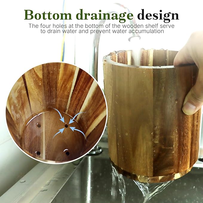 Acacia Wooden Utensil Holder for Kitchen Counter,360° Rotating 6.9" Wooden Cooking Utensil Crock for Countertop,Non-Slip Large Utensils Holders