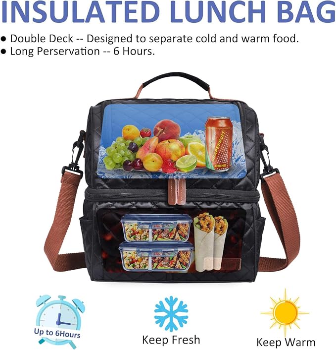 LOKASS Lunch Box for Women-Double Deck Insulated Adults Lunch Bag with Removable Shoulder Strap- Cute Wide Open Lunch Tote for Work/Office/Picnic/Beach/Travel (Square)