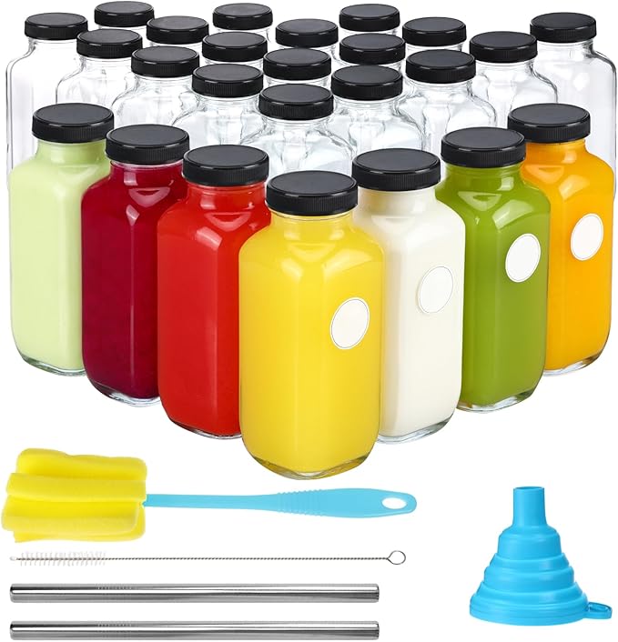 CUCUMI 24pcs 16oz Glass Juice Bottles with Lids, Reusable Vintage Glass Drinking Bottles with Blank Labels, Brush, Straws, Funnel for Storing Tea, Kombucha, Milk