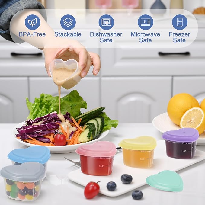 12pcs 2 oz Salad Dressing Container Heart-Shaped, Mini Condiment Containers with Leak-proof Lids for Bento Box, Reusable Plastic Food Storage Cups for Valentine's Day Party, Picnic