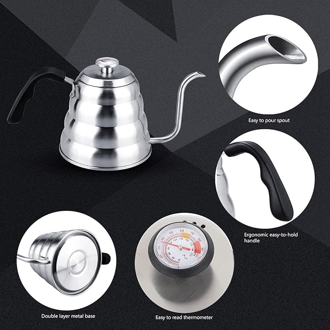 Premium 304 Stainless Steel Pour Over Coffee Gooseneck Kettle Teapot with Thermometer 1L 1.2L Capacity Beehive Design (1.2L)