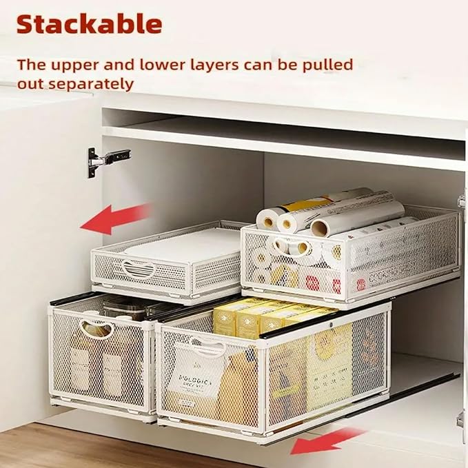 Pull out Cabinet Organizer with Sliding Drawer, 1 Pack Under Sink Organizers and Storage Rack, Adhesive Nano Film Heavy Duty Slide out Pantry Shelves for Kitchen,Sink, 9.6"W x11.8"D x 8.4"H