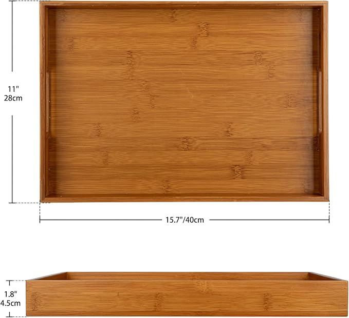 Briful Bamboo Decorative Tray with Handles - 16 x 12 Inch Rectangle Serving Tray for Coffee Table Decor Farmhouse Kitchen Counter Organizer & Bathroom Vanity, Brown