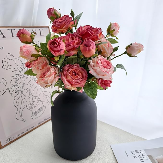 Artificial Flowers with Matte Black Metal Vase, 18 Heads Silk Roses,Faux Flowers for Centerpieces,Modern Farmhouse Decor Home Decor, Tabletop Decorations for Party, Kitchen Dining Coffee Table Decor