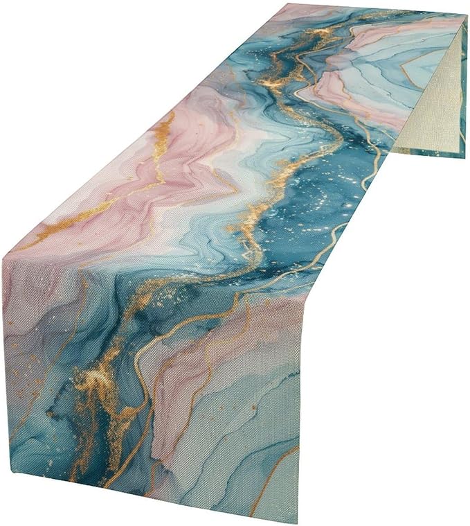 Marble Table Runner, Modern Luxury Foil Texture Pink Blue Gold Marble Printed Linen Table Runners for Kitchen Living Room Farmhouse Dining Room Party Home Decor 13" W x 60" L