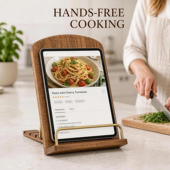 Cookbook Holders for Kitchen Counter Adjustable Wooden Recipe Stand iPad and Cook Book Holder