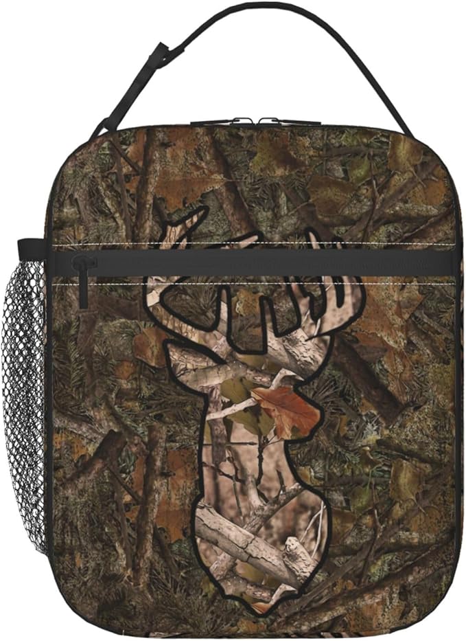 Gianlaima Camo Forest Camouflage Deer Insulated Lunch Box For Women And Man, Portable Lunch Bags Reusable Cooler Tote For Office Work Travel Picnic Camping Beach