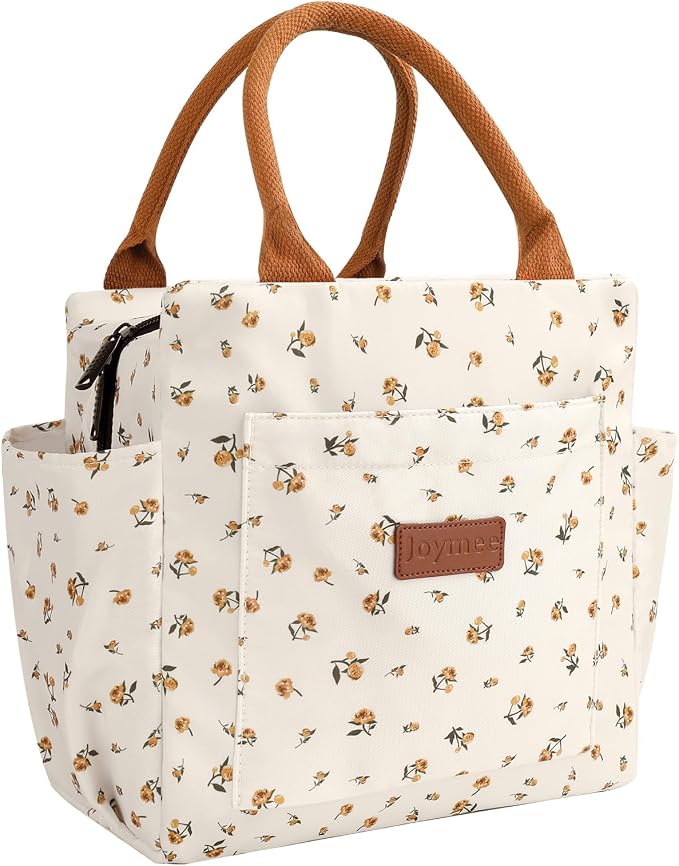 Joymee Insulated Lunch Box for Women Lunch Bag - Yellow Little Floral | Spacious Storage, Bottle Holder & Pockets, Leakproof Insulated, for Work, Travel, Picnic, Daily Use, for Adult
