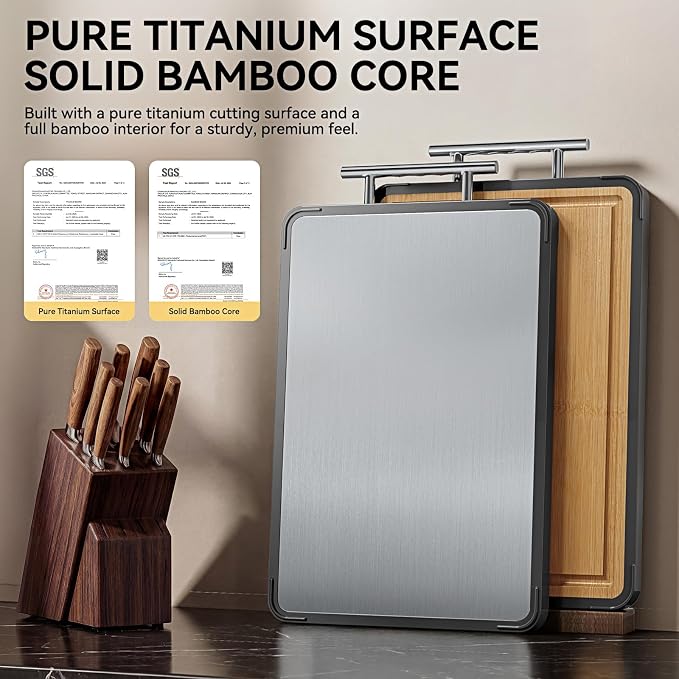 Titanium Cutting Board for Kitchen - Double Sided Reversible Chopping Board, Titanium & Bamboo Wood Cutting Board for Meat, Vegetables and Fruit, Easy to Clean,Mothers Day Gifts (16×11)