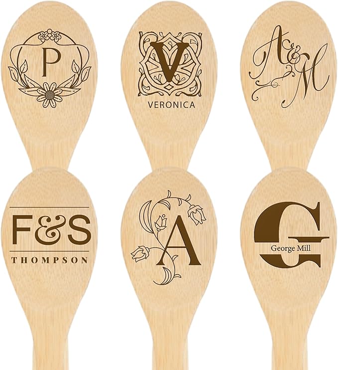 PrintSupremacy 1pc Custom Initial Engraved Bamboo Cooking Spoons, Non Stick Wooden Kitchen Gadget Pan Cookware, Baking Gift for Housewarming Wedding Birthday, Chef Foodie Gift