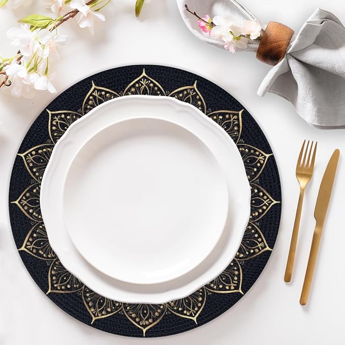 Round Placemats Set of 4, Bohemian Mandala Woven Placemats Mats Non-Slip Heat Resistant Washable Table Mats Round Braided Place for Farmhouse Kitchen Dining Party Decor 15in
