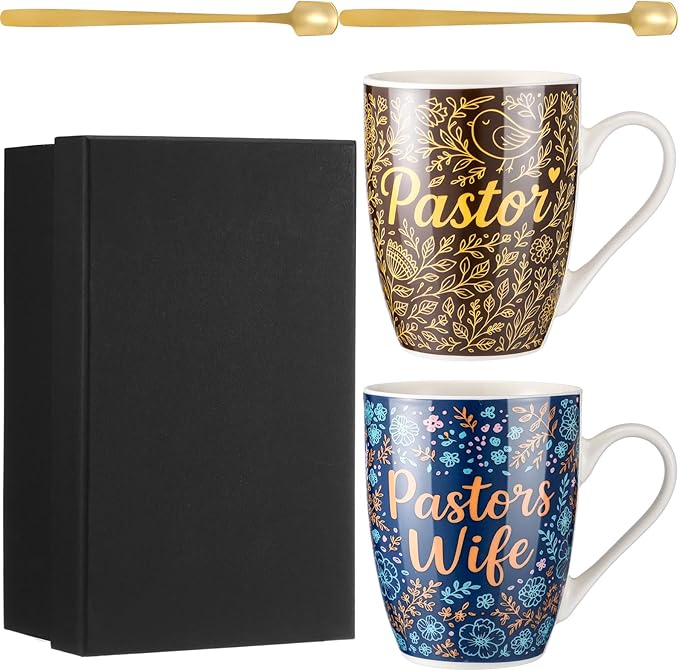 Shellwei 2 Sets Pastor and Wife Appreciation Gifts Stoneware Coffee Mugs with Gift Box Golden Coffee Spoons Pastor Gifts for Men Women Thanksgiving Christmas Christian Present (Fresh)