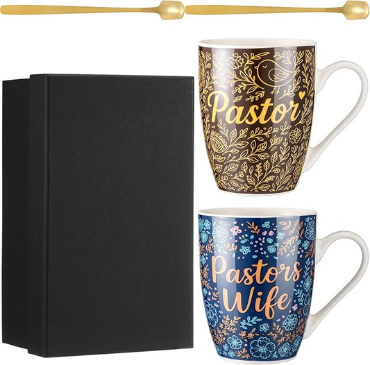 Shellwei 2 Sets Pastor and Wife Appreciation Gifts Stoneware Coffee Mugs with Gift Box Golden Coffee Spoons Pastor Gifts for Men Women Thanksgiving Christmas Christian Present (Fresh)