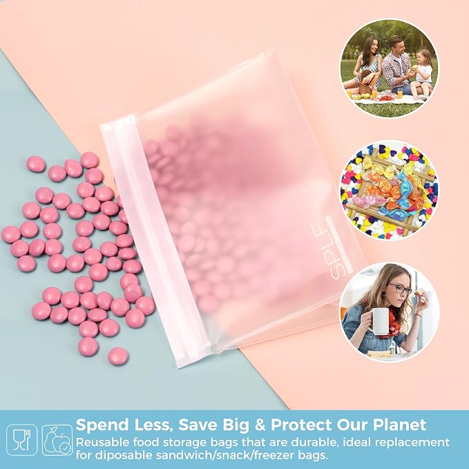 SPLF 8 Pack Dishwasher Safe Reusable Storage Bags (4 Half Gallon Freezer Bags, 4 Quart Sandwich Snack Bags), BPA FREE Stand Up Extra Thick Leakproof Silicone and Plastic Free Zipper Lunch Food Bags