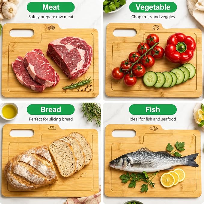 ZENFUN 4 Pack 12.5"L x 9.8"W Bamboo Cutting Boards with Holder, Wood Cutting Board Set, Chopping Boards Set with Food Icons, Kitchen Cutting Board Ideal for Meat, Fish, Bread, Vegetable, Fruit