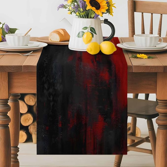 Retro Black Red Table Runners 70 Inches Long, Cotton Linen Fabric Table Runner Dresser Scarf, Abstract Bohemia Minimalist Aesthetic Art Tablerunner for Party/Kitchen/Dinner/Wedding Decor 13"x70"