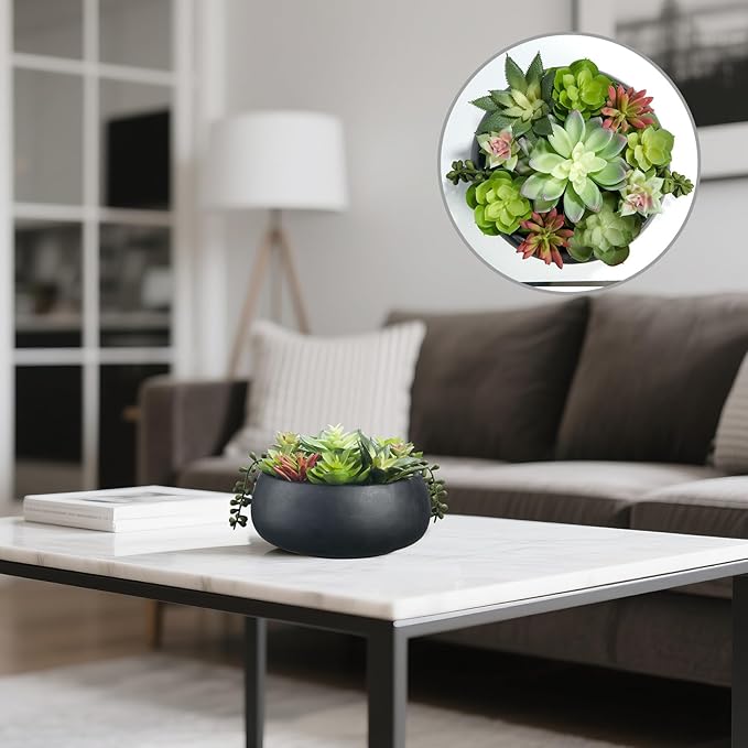 8inch Artificial Succulent Plants in Pots,Large Fake Succulents with Black Ceramic Pot for Home Office Desk Bathroom Coffee Table Decor