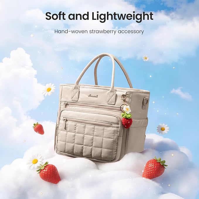 LOVEVOOK Insulated Lunch Bag Women,Puffer Adult Lunch Box for Women with Handmade Strawberry Charm,Wide Opening Leakproof Cooler Bag with Cup Holder for Work Picnic Beach Family College Mom Teacher