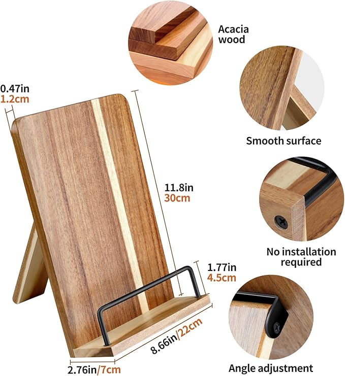 Acacia Wood Cookbook Stand for Kitchen Counter - Adjustable Recipe Book Holder & Tablet Stand - Heavy Duty Hands-Free Bookstand for Large Cookbooks, iPad & Bible - Rustic Farmhouse Decor