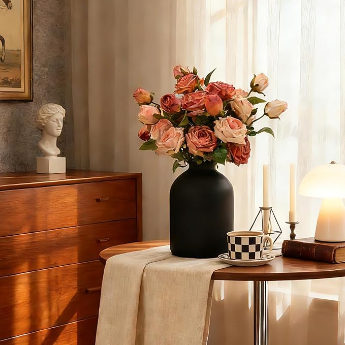 Artificial Flowers with Matte Black Metal Vase, 18 Heads Silk Roses,Faux Flowers for Centerpieces,Modern Farmhouse Decor Home Decor, Tabletop Decorations for Party, Kitchen Dining Coffee Table Decor