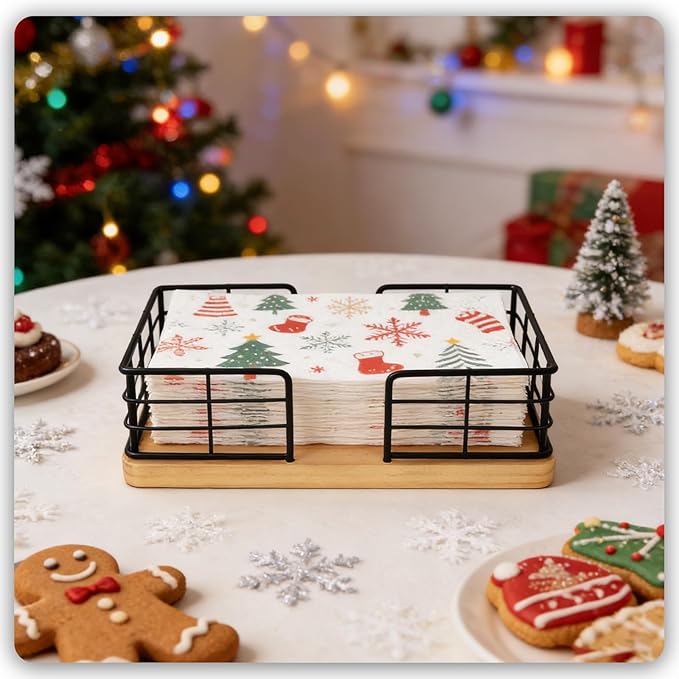Kordory Wooden Guest Towel Holder Tray for Bathroom, Black Bamboo Counter Rectangular Bathroom Napkin Holder for Ktichen, Disposable Hand Towel Holder Tray for Home, Bar, Hotel, Office(Natural Wood)