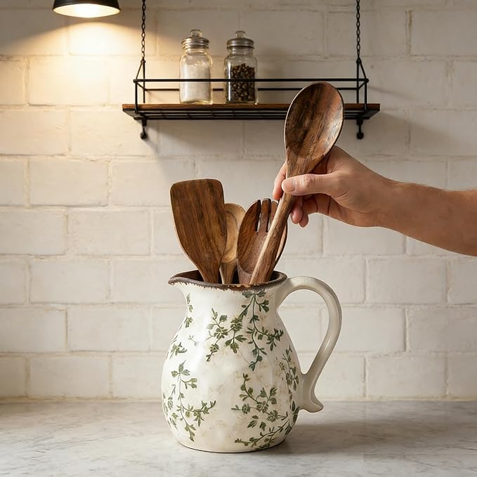Rustic Ceramic Utensil Holder, 6.1"Modern Farmhouse Cooking Utensil Holder for Kitchen Counter with Handle, Kitchen Utensil Organizer Crock for Countertop Home Decor, Vintage Spoon Tray (green rattan)