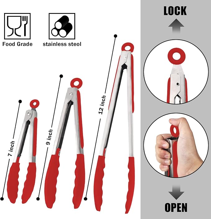 Kitchen Tongs with Silicone Tips, Kitchen Tongs, Cooking Tongs, Premium Stainless Steel Locking Cooking Tongs, Non-Slip Food Tongs for Cooking, Heavy Duty, Non-Stick, 480℉, Set of 3-7"/9"/12" Red