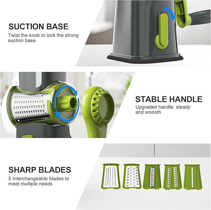 Ourokhome Rotary Cheese Grater Cheese Shredder with 5 Interchangeable Blades, Rotary Grater with Non-slip Suction Base Hand Crank Slicer for Vegetable Nuts Grey