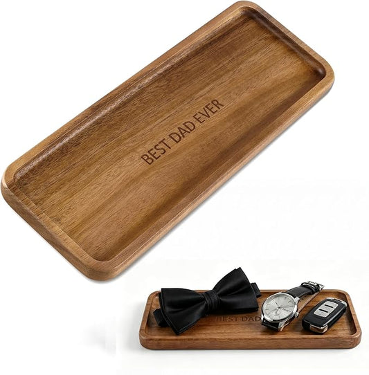 Small Wooden Tray | Acacia Wood Serving Tray for Father Vanity Tray for Men | Tray for Bathroom Counter & Toilet | Ideal for Snack, Remote, Key & Catch All | Mini Platter (Rectangular-Best Dad Ever)