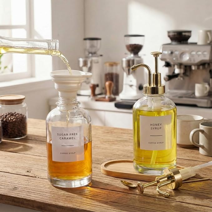 Remerry 2 Pcs Coffee Syrup Dispenser 16.9oz 500ml Glass Syrup Dispenser with 4 Spoons, 36 Labels and Bamboo Tray, Glass Bottles with Pump for Coffee Accessories(Golden)