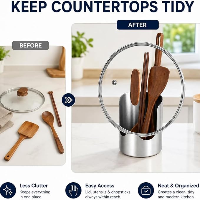 Multi-Functional Kitchen Utensil Holder, Stainless Steel Countertop Organizer for Pot Lids, Ladles, Spatulas, Cutting Boards, Space-Saving Vertical Tool Rack for Cooking Utensils (2PCS)