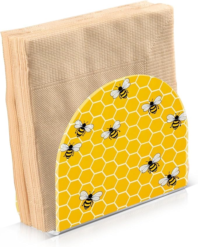Yellow Bees and Honey Napkin Holder for Tables Paper Cocktail Napkin Holders for Kitchen and Dinning, Acrylic Dinner Napkin Dispenser for Restaurant Home Decor Bar Accessories 1 Pack