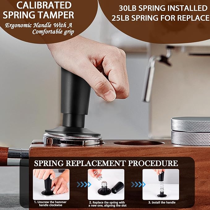 Espresso Coffee Tamper with Calibrated Spring-loaded 25lb / 30lbs Replacement Springs Ripple Base Black Premium Barista Tool Anodized Aluminum (58mm)