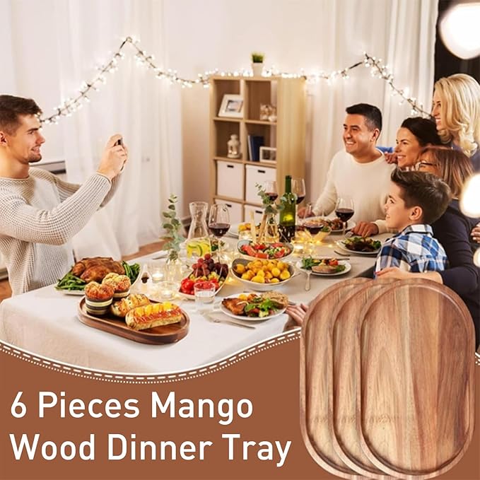 Wood Tray Set of 6, Oval Acacia Wood Serving Board Bulk, Small Charcuterie Boards, Wooden Serving Platters for Cheese Bread Fruit Dessert Tea, Kitchen Dining Catering Trays