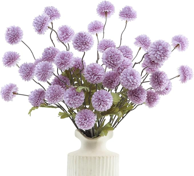 DuHouse 6pcs Artificial Flowers Faux Silk Pompon Mum,Silk Small Mini Chrysanthemum Ball with Stems for DIY Bouquets Centerpieces Vase Home Table Kitchen Decorations(Purple)