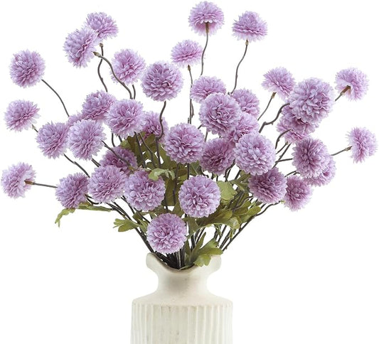 DuHouse 6pcs Artificial Flowers Faux Silk Pompon Mum,Silk Small Mini Chrysanthemum Ball with Stems for DIY Bouquets Centerpieces Vase Home Table Kitchen Decorations(Purple)