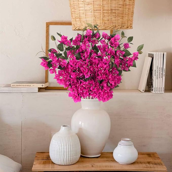 10PCS Artificial Flowers Bougainvillea Vines 29.50" Silk Bougainvillea Branches Deep Pink Faux Bougainvillea Long Stem Fake Flowers for Home Garden DIY Decor Wedding Centerpieces (Deep Pink)