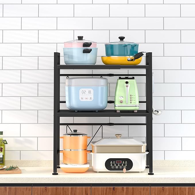 PUSDON 3-Tier Expandable Microwave Oven Rack, Countertop Baker's Rack Style Shelf, Heavy Duty Adjustable Standing Shelf with Hooks, 160lbs Capacity Kitchen Space Saver, Matte Black